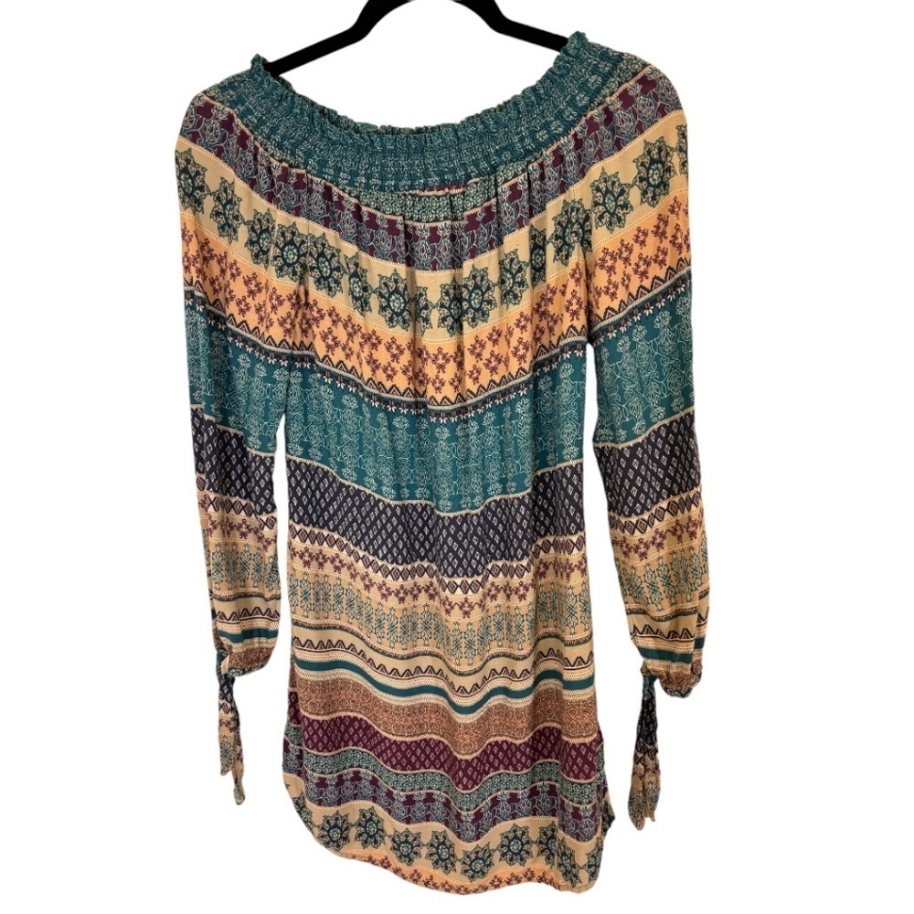 BeachLunchLounge Small Long Sleeve BoHo Floral Shift Mini Dress Smocked Neck